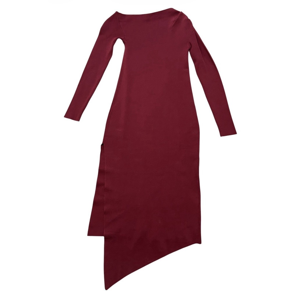 ZARA Burgundy Asymmetrical Midi Dress S Long Sleeve Bodycon Chic - Picture 4 of 9